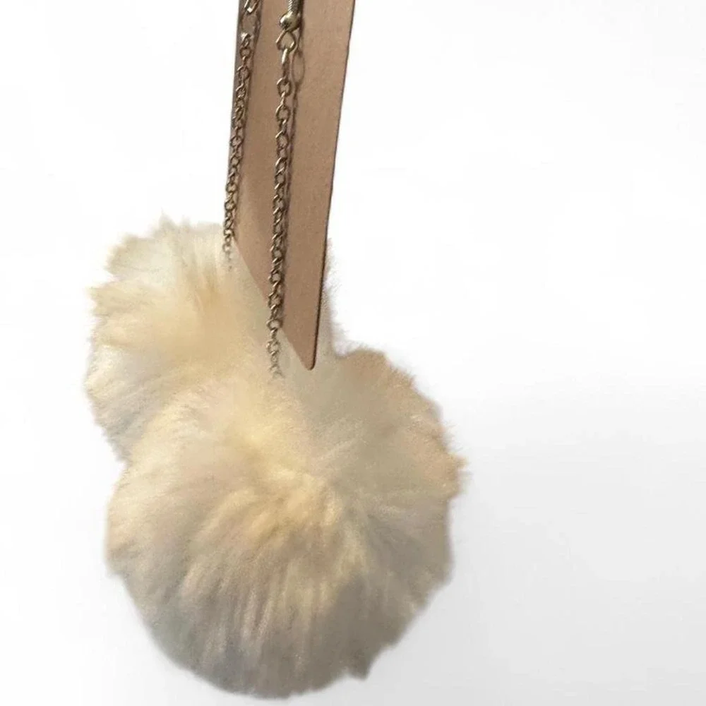 White Faux Fur Pom‎ Pom Dangle Earrings